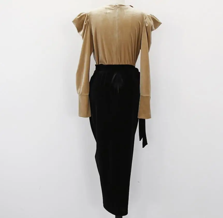 Elegant French style velvet dress women puff sleeve high wa ist ol package hip stitching pencil dress
Elegant French style velvet dress women puff sleeve high wa ist ol package hip stitching pencil dress