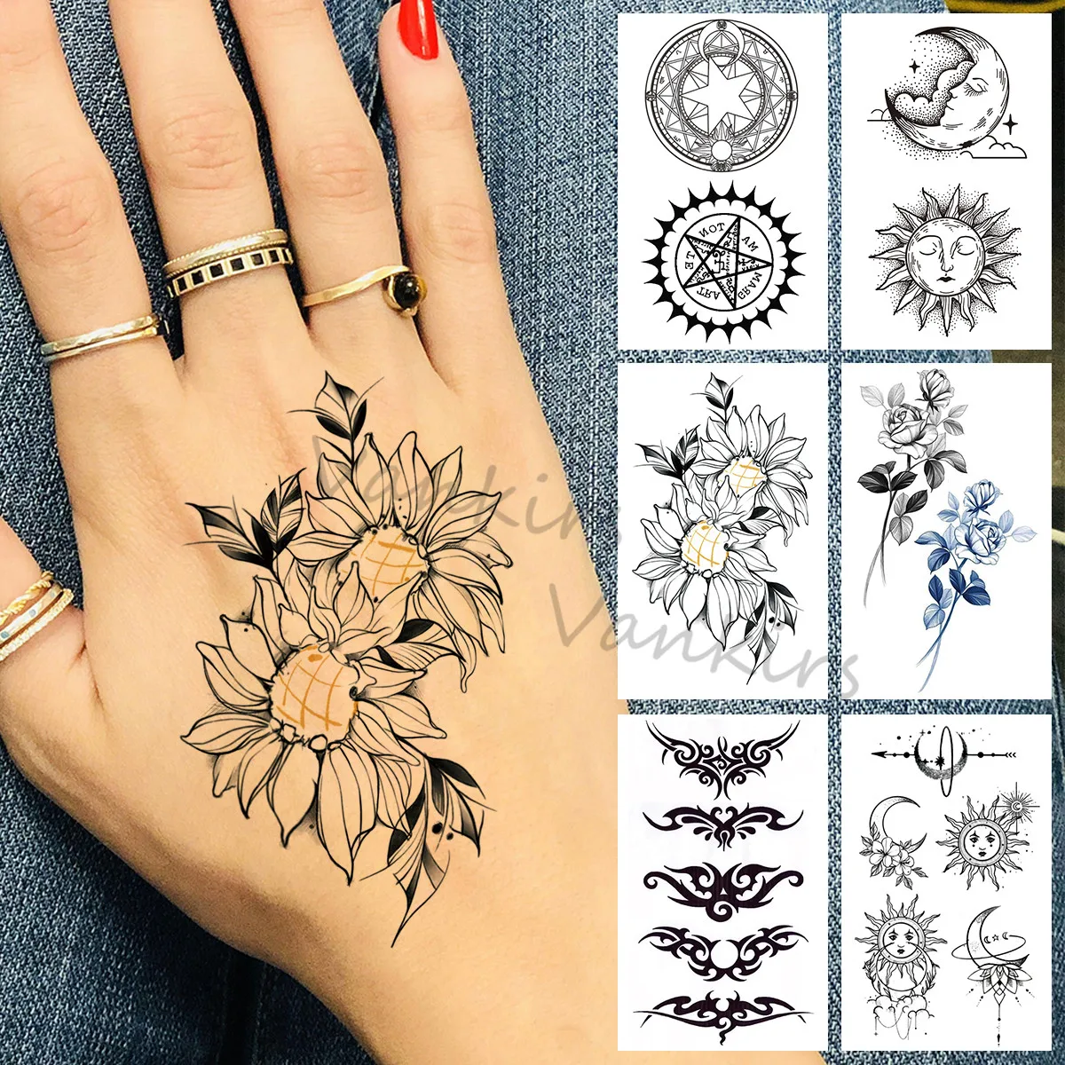 Creative Sun Flower Temporary Tattoos Small For Women Men Realistic Badge Moon Lace Rose Fake Tattoo Sticker Hand Body Tatoos
Creative Sun Flower Temporary Tattoos Small For Women Men Realistic Badge Moon Lace Rose Fake Tattoo Sticker Hand Body Tatoos