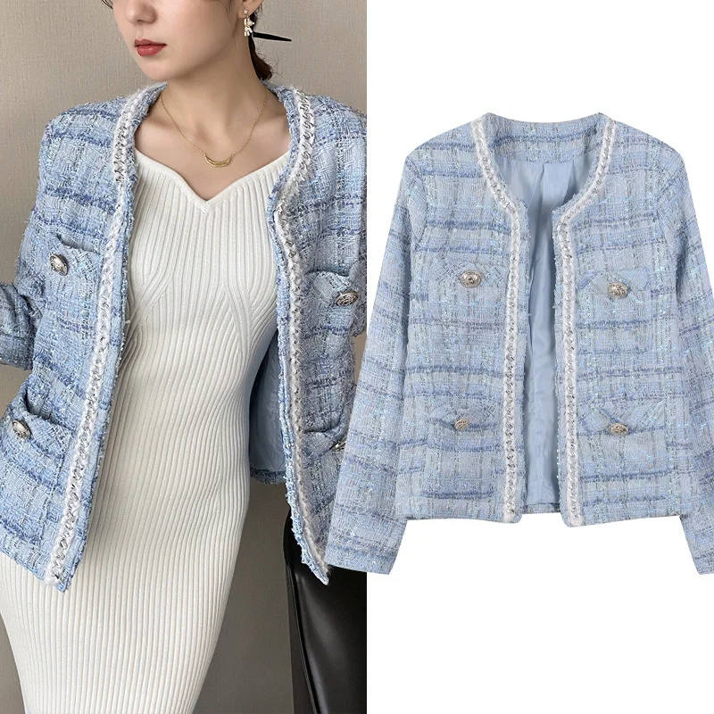 Net red and blue woven Plaid tweed coat women's short autumn fashion waist closing gentle cardigan top
Net red and blue woven Plaid tweed coat women's short autumn fashion waist closing gentle cardigan top