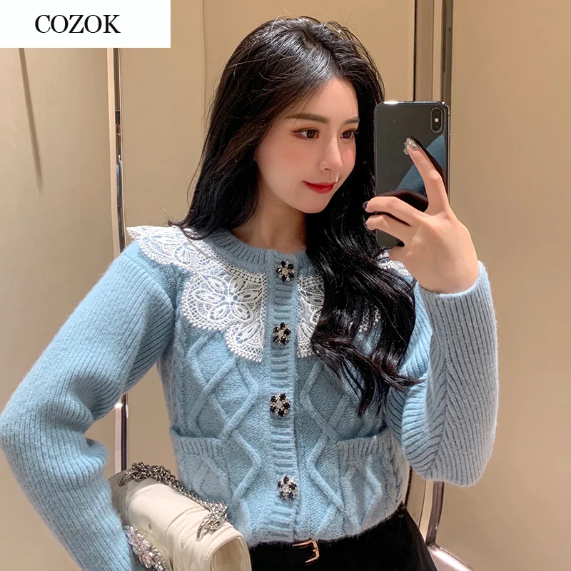 2021Fashion Lace Knitted Twist Cropped Long Sleeve Cardigan Women Light BLue Diamonds Buttons Short Sweater Jacket
2021Fashion Lace Knitted Twist Cropped Long Sleeve Cardigan Women Light BLue Diamonds Buttons Short Sweater Jacket