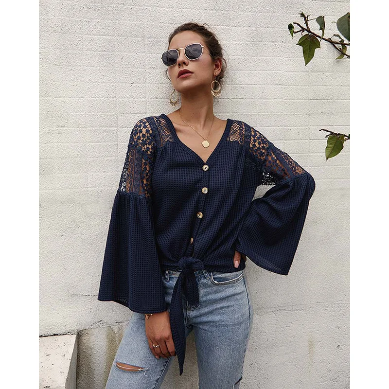 Elegant Spring Autumn Women Blouse Sexy V-Neck Flare Sleeve Lace Patchwork Hollow Out Bandage Button Shirts W616
Elegant Spring Autumn Women Blouse Sexy V-Neck Flare Sleeve Lace Patchwork Hollow Out Bandage Button Shirts W616