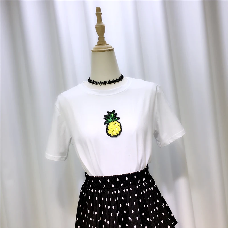 2020 New Arrival Summer Short-Sleeve Women T-shirt Embroidery Sequins Pineapple O Neck All-match Students Cotton Basic Top 
2020 New Arrival Summer Short-Sleeve Women T-shirt Embroidery Sequins Pineapple O Neck All-match Students Cotton Basic Top