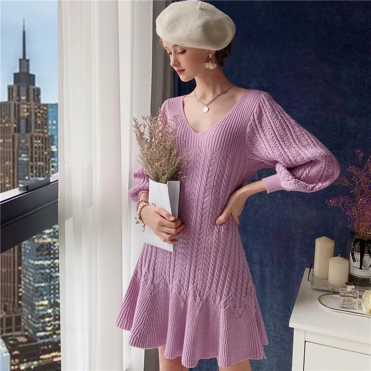 V-Neck Sweet Dresses Female Elegant Pink A-line Knit Dress Women Autumn Winter Lantern Sleeve Ruffle Hem 
V-Neck Sweet Dresses Female Elegant Pink A-line Knit Dress Women Autumn Winter Lantern Sleeve Ruffle Hem