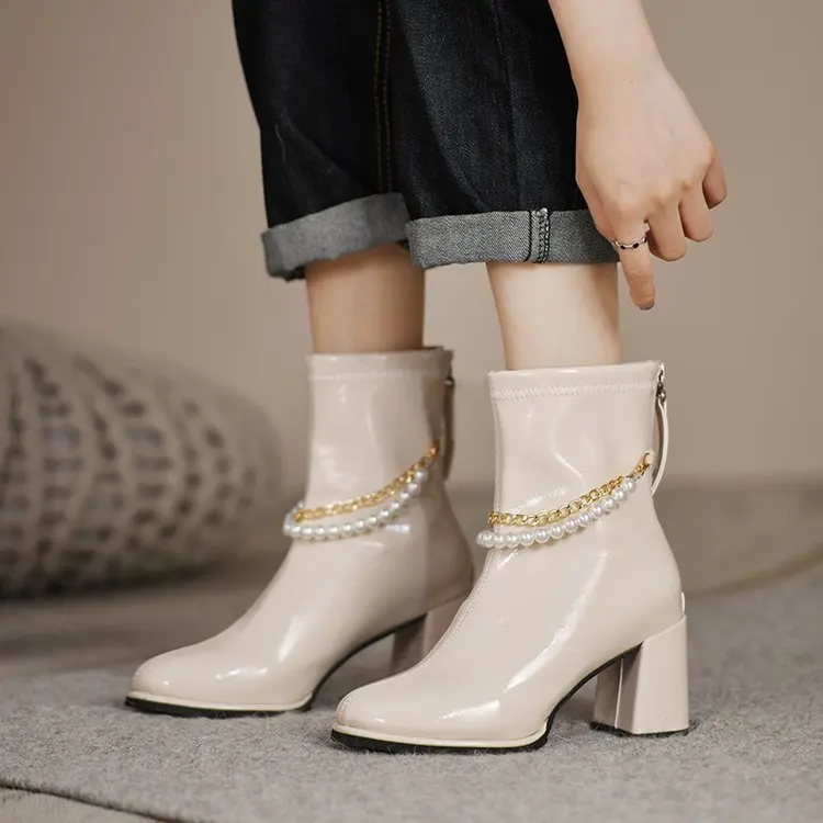 Pearl Chains Womens Ankle Boots Black White Chunky Heels Pumps Femmes Bottes Knee High Booties Ladies Party Prom Shoes
Pearl Chains Womens Ankle Boots Black White Chunky Heels Pumps Femmes Bottes Knee High Booties Ladies Party Prom Shoes