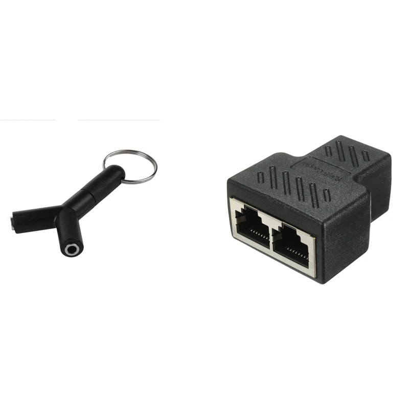 

1 Pcs Mini Y Shaped 3.5Mm Jack Stereo Audio Headset Splitter Connector Keyring & 1 Pcs 2 Port RJ45 Splitter Adapter