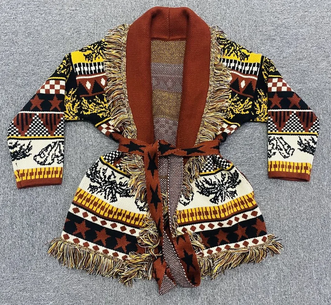 Spring 2021 Fashion Women's jacquard tassels cashmere cardigans Top High quality Belt Knitted overcoat C621
Spring 2021 Fashion Women's jacquard tassels cashmere cardigans Top High quality Belt Knitted overcoat C621