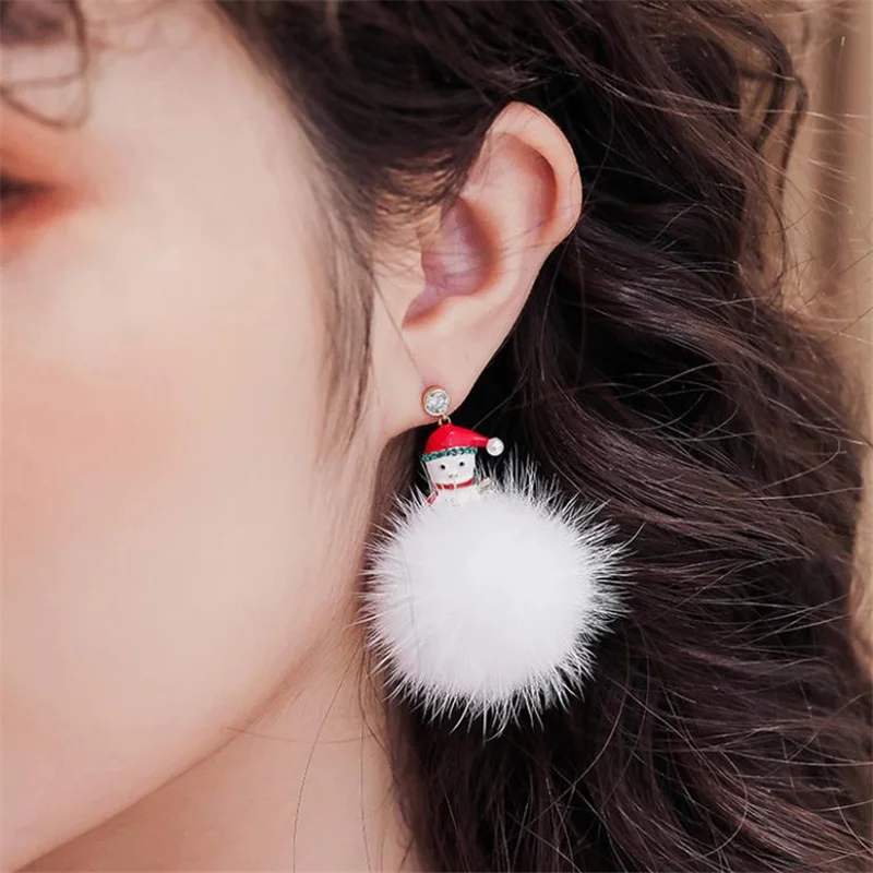 

2022 Faux Fur Ball Pompon Pendant Earrings Snowflake Crystal Reindeer Santa Claus Christmas Earrings For Women Fashion Jewelry