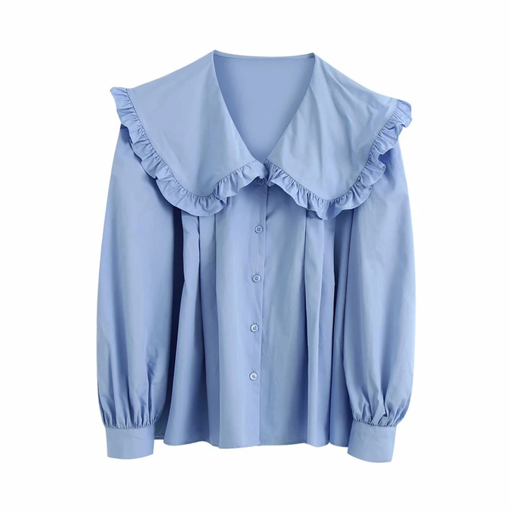 Ladies Blue Shirt Cotton Puff Sleeve All-Match Blouse Fashion Ruffled Doll Ccollar Age Reduction Women Single-Breasted Shirt
Ladies Blue Shirt Cotton Puff Sleeve All-Match Blouse Fashion Ruffled Doll Ccollar Age Reduction Women Single-Breasted Shirt