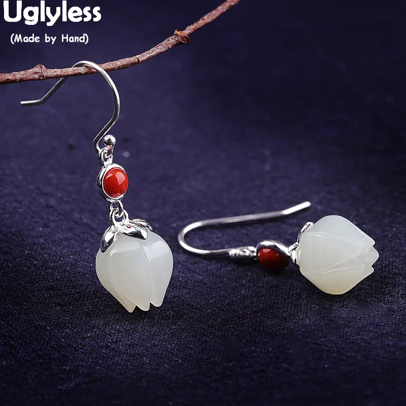 

Uglyless Handmade Natural Jade Lotus Earrings Women Ethnic Agate Gemstones Floral Earrings Real 925 Silver Brincos Bijoux E1474