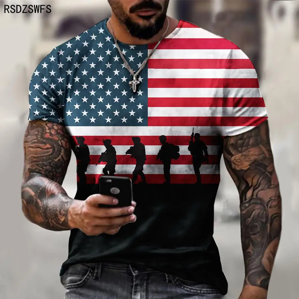 Футболка мужская оверсайз в полоску модная дышащая рубашка с принтом флага США