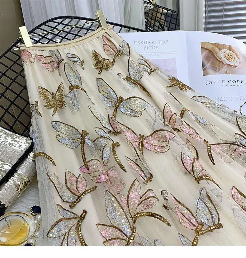 GTGYFF Sequins Dragonfly Embroidery Skirts For Women Elastic High Waist Midi A Line Tulle Mesh Skirt Femme Faldas Saia Beige 
GTGYFF Sequins Dragonfly Embroidery Skirts For Women Elastic High Waist Midi A Line Tulle Mesh Skirt Femme Faldas Saia Beige