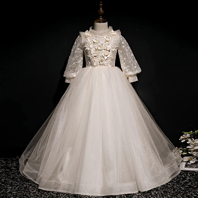 Flower Girl Dresses Three Quarter Elegant High Neck Girls Ball Gown White Lace Up Applique Pattern Tulle Embroidery Dresses D106
Flower Girl Dresses Three Quarter Elegant High Neck Girls Ball Gown White Lace Up Applique Pattern Tulle Embroidery Dresses D106