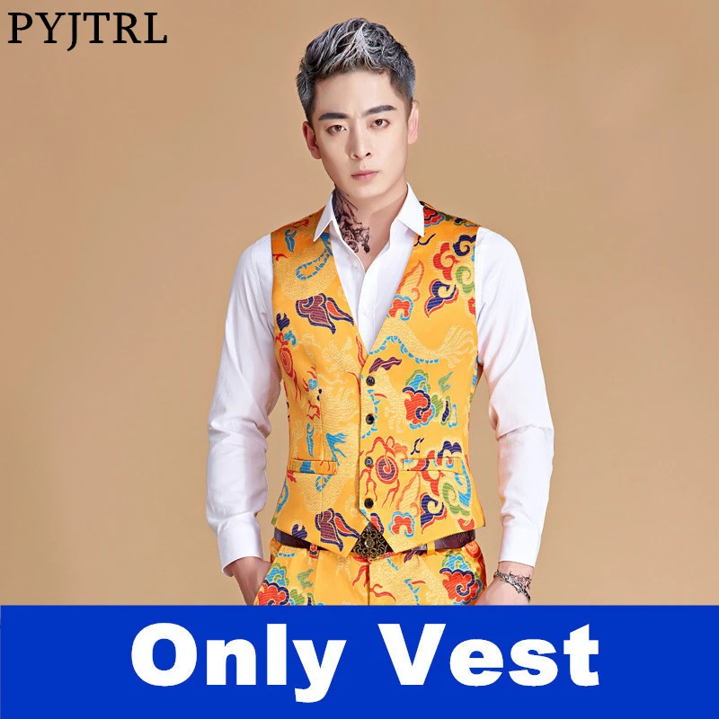 PYJTRL Vests For Men Fashion Gold Dragon Print Waistcoat Chinese Style Chaleco Hombre Colete Mens Wedding Vest
PYJTRL Vests For Men Fashion Gold Dragon Print Waistcoat Chinese Style Chaleco Hombre Colete Mens Wedding Vest