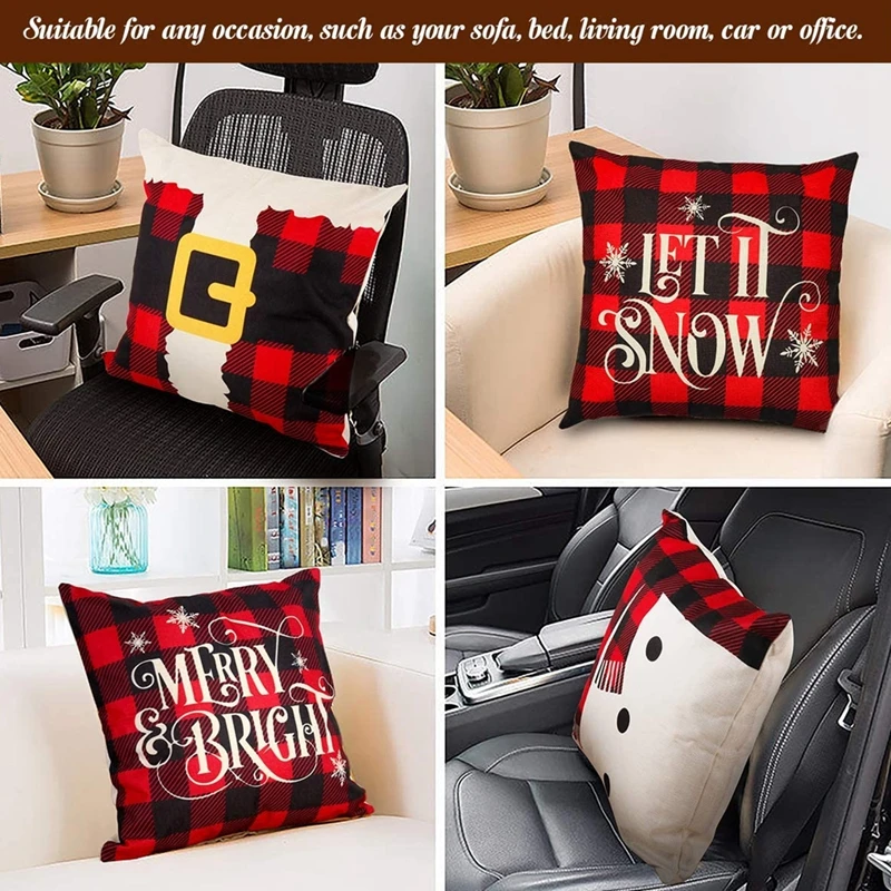 Christmas Pillow Covers Decorations, Plaid Linen Cushion Pillow Covers, Square Pillowcase for Home Office Living Room