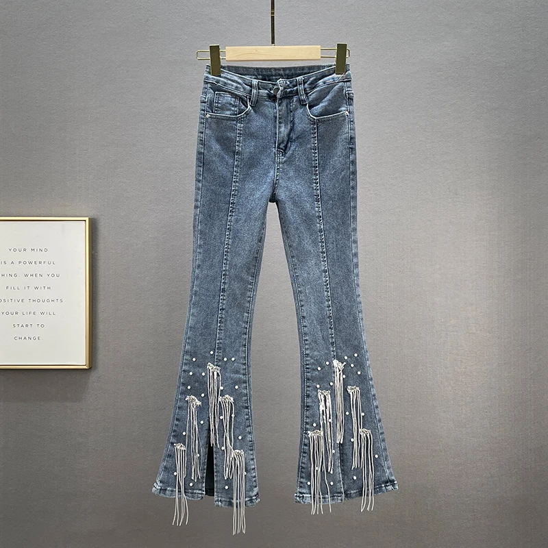 Женские повседневные джинсы, модные весенне-осенние брюки-клеш с бисером и бахромой, женские джинсы, новинка 2021
Женские повседневные джинсы, модные весенне-осенние брюки-клеш с бисером и бахромой, женские джинсы, новинка 2021