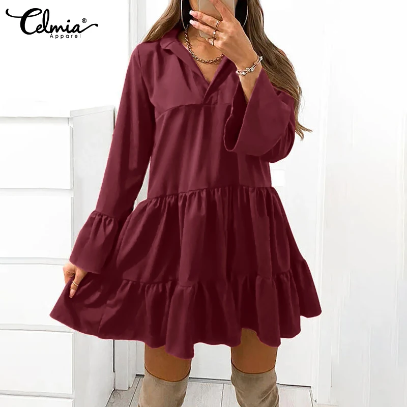 Celmia 2021 Autumn Casual Women Mini Dress Fashion Pleated Vestidos Loose Flare Long Sleeve A-line Mini Shirt Dress Party Robe
Celmia 2021 Autumn Casual Women Mini Dress Fashion Pleated Vestidos Loose Flare Long Sleeve A-line Mini Shirt Dress Party Robe