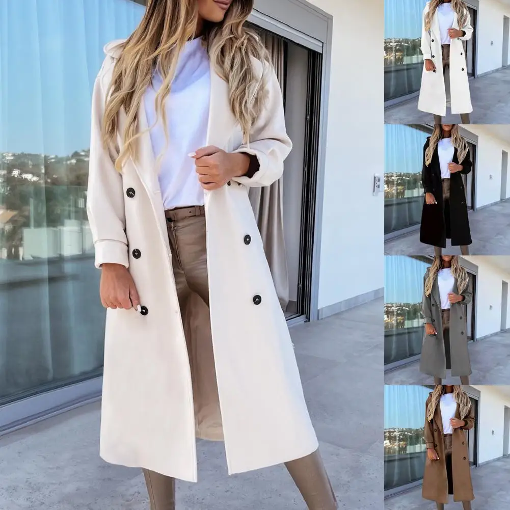 

Женское длинное пальто, однотонное двубортное теплое пальто с длинным рукавом и воротником-стойкой для офиса, Осень-зима 2021