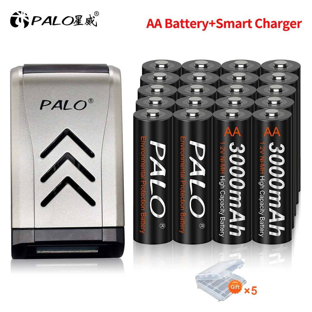 

PALO 1.2V AA Rechargeable Battery Ni-MH 2A Pre-charge Batteria for Camera Toys Flashlight & 4 Slots LCD Charger Fast Smart