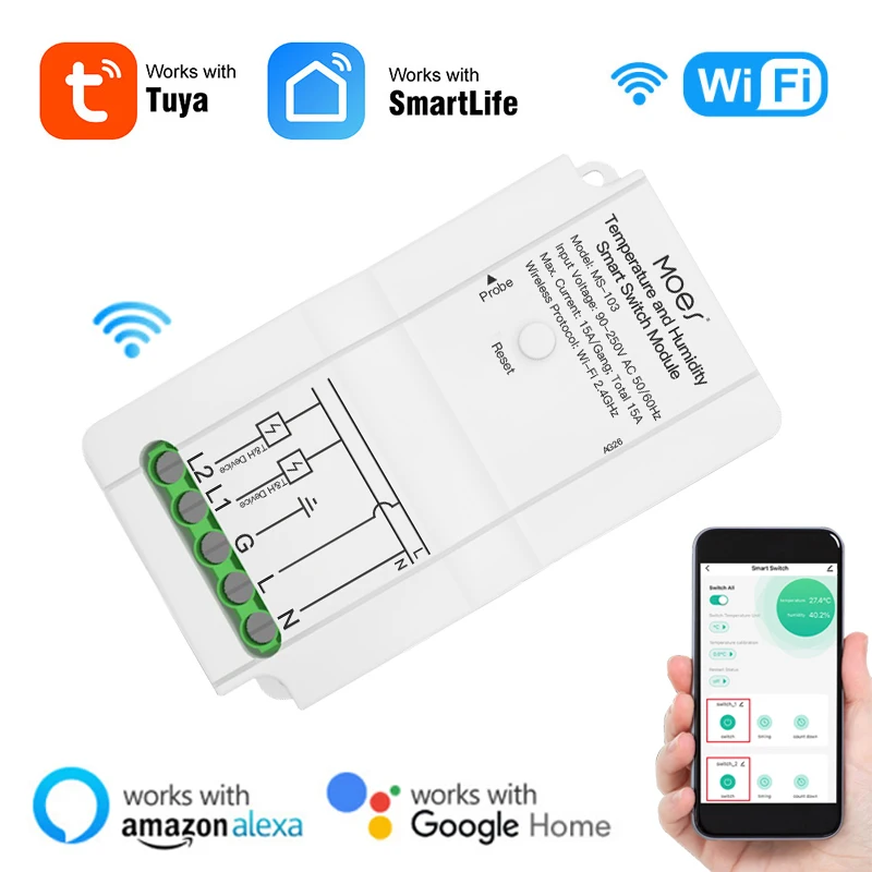 Смарт-переключатель Tuya с Wi-Fi, водонепроницаемый, с контролем температуры и влажности
Смарт-переключатель Tuya с Wi-Fi, водонепроницаемый, с контролем температуры и влажности