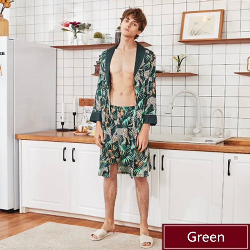 Мужская шелковая атласная пижама летняя Домашняя одежда зеленый бордовый цвет |