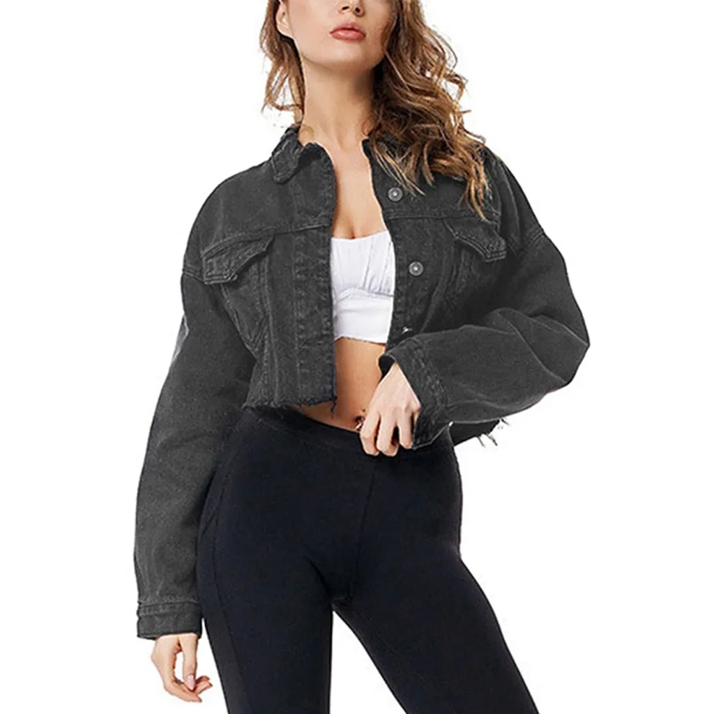 Женские однотонные короткие куртки с потертостями рваная укороченная джинсовая