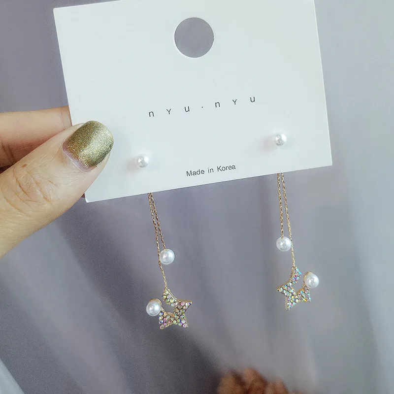Long five-pointed star pearl tassel earrings female Korean personality pearl with two earrings earrings
Long five-pointed star pearl tassel earrings female Korean personality pearl with two earrings earrings