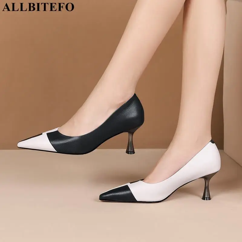 

Туфли ALLBITEFO женские на тонком каблуке, мягкая натуральная кожа, высокий каблук-шпилька, пикантная модная обувь для вечеринки, свадьбы, разны...