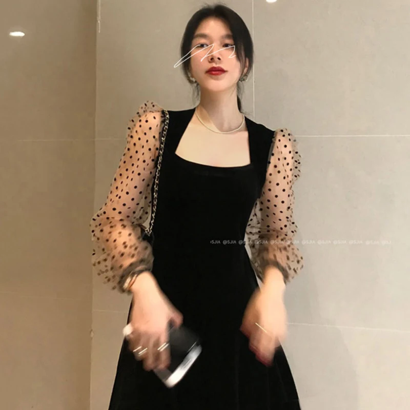 Autumn Square Collar Long Sleeve Polka Dot Mesh Velvet Mini Dress Women Elegant Black Patchwork Vestidos Female New Fashion 2020 
Autumn Square Collar Long Sleeve Polka Dot Mesh Velvet Mini Dress Women Elegant Black Patchwork Vestidos Female New Fashion 2020