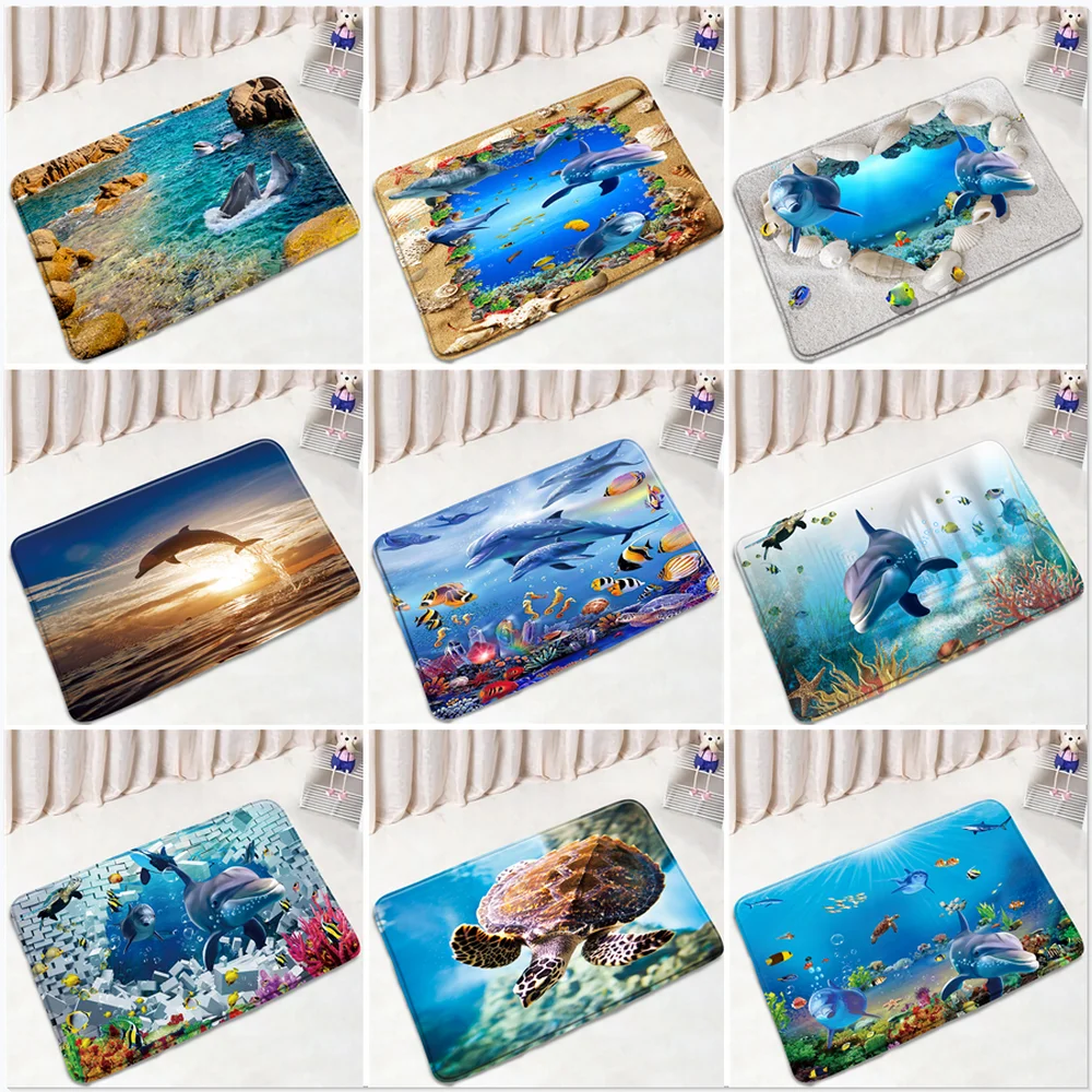 

Dolphin Bath Mats Bathroom Non-Slip Rugs Floor Door Mat Ocean Animal Underwater World Doormat Flannel Carpet Home Bathtub Decor