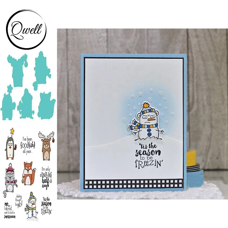 

QWELL Animals Penguin Fox Mouse Elk Snowman Metal Cutting Dies With Clear Stamps Words Phrase DIY Scrapbooking Craft Cards 2020