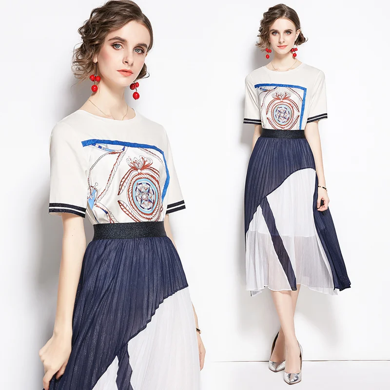Womens Two Piece Set Short Office Lady Pattern O-Neck Ruched Ladies Set Elastic Waist Mid-Calf 2020 New Summer Top And Skirt Set
Womens Two Piece Set Short Office Lady Pattern O-Neck Ruched Ladies Set Elastic Waist Mid-Calf 2020 New Summer Top And Skirt Set
