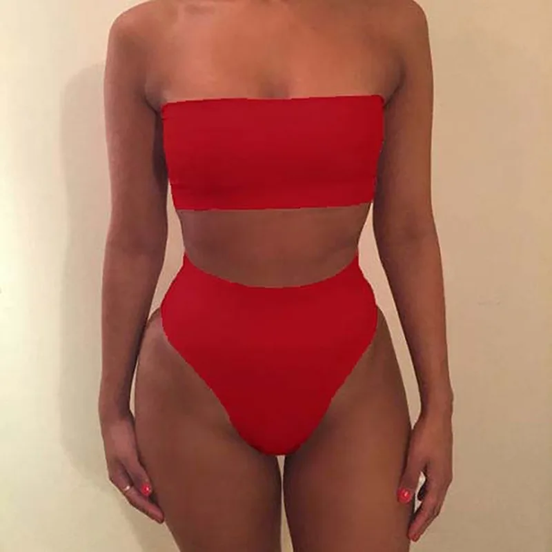 

Sfit 2021 Sexy High Waisted Strapless Tube Top Bikini Set Swimsuit Two Pieces Solid Swimwear Brazilian Beachwear Women's Biquini