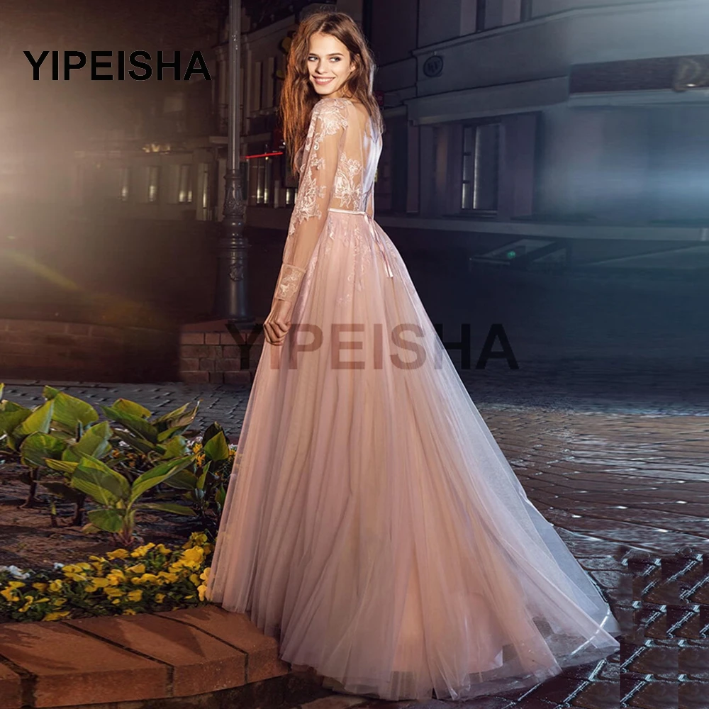 Fashion Sexy See Through Evening Dresses Long Sleeves Applique Pink Tulle A Line Prom Dresses vestido longo festa
Fashion Sexy See Through Evening Dresses Long Sleeves Applique Pink Tulle A Line Prom Dresses vestido longo festa