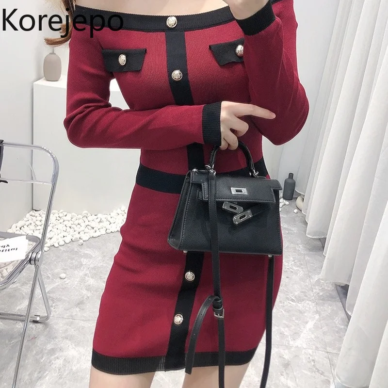 Korejepo Korean Sexy Dress Slash neck Off Shoulder Contrast Color Knitted Women's 2021 Single Breasted Wrap Hip Bottom Dresses
Korejepo Korean Sexy Dress Slash neck Off Shoulder Contrast Color Knitted Women's 2021 Single Breasted Wrap Hip Bottom Dresses