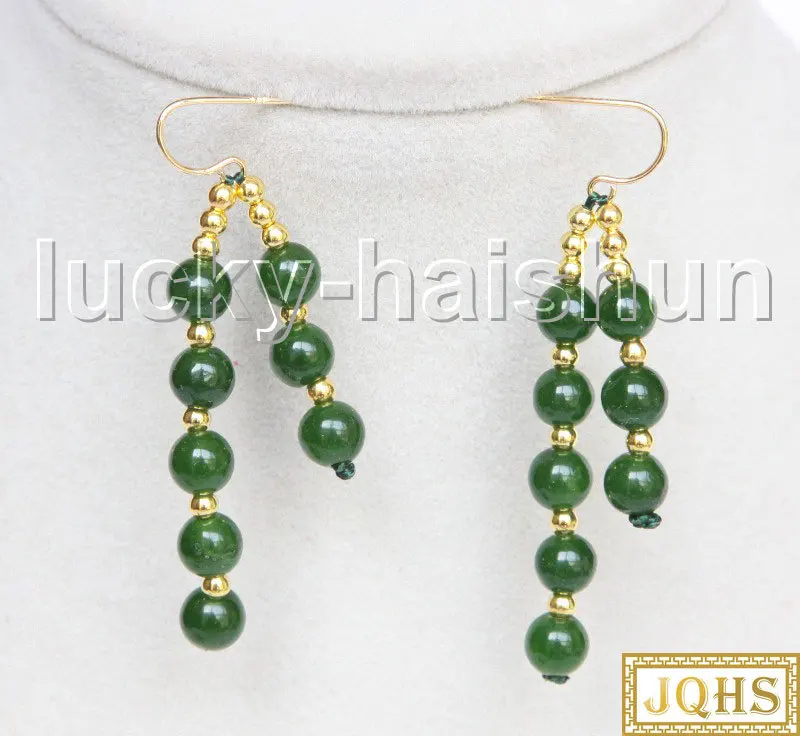 JQHS Dangle 2" 6mm round dark green jades Beaded Strand Earrings 14KT gold hook j11566
JQHS Dangle 2" 6mm round dark green jades Beaded Strand Earrings 14KT gold hook j11566