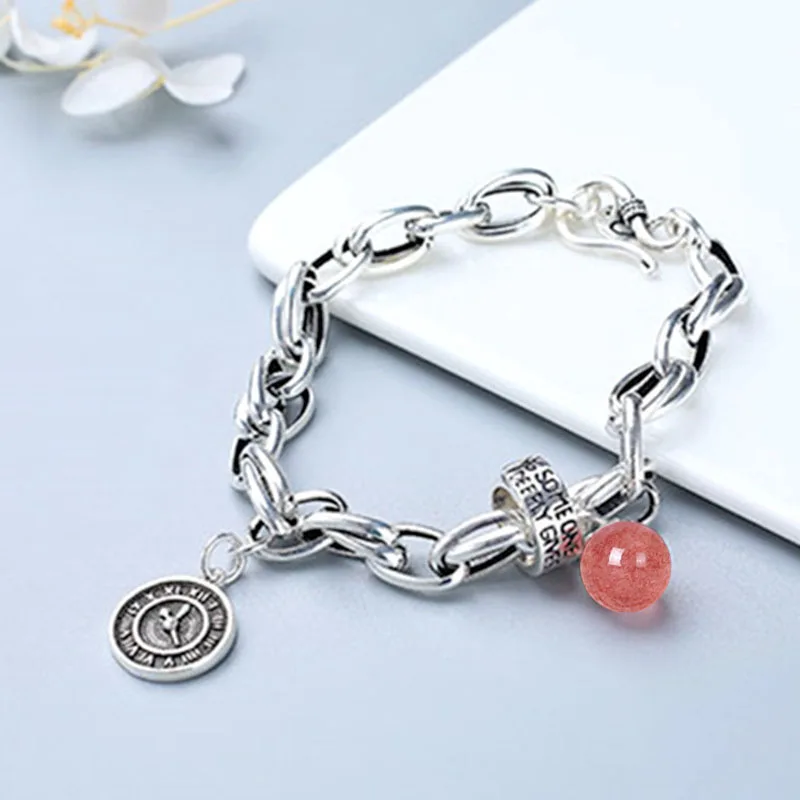 

Vintage Big Punk Style Strawberry Round Tags Charm Bracelet For Women Birthday Jewelry Gifts
