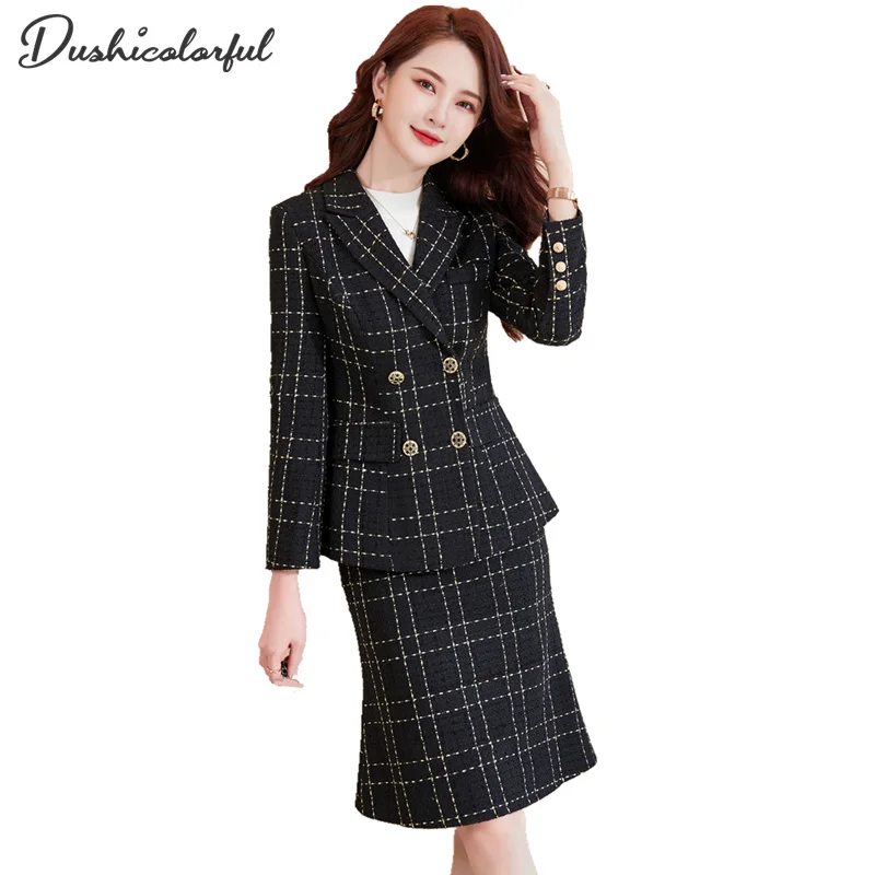 New 2021 Autumn High Quality Vintage Plaid Double breasted Tweed 2 Piece Set Women Winter Jacket Coat + Elegant Skirt Suits
New 2021 Autumn High Quality Vintage Plaid Double breasted Tweed 2 Piece Set Women Winter Jacket Coat + Elegant Skirt Suits