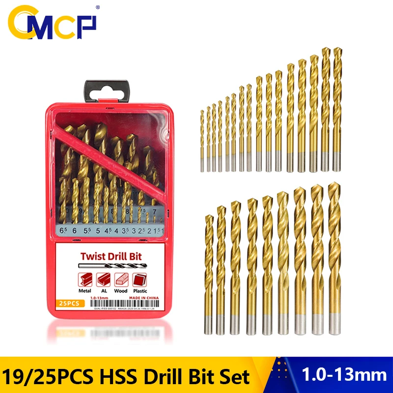 CMCP Metal Drill 19/25pcs Twist Drill Bit 1.0-13mm Titanium Coated HSS Gun Drill Bit Set For Metal Woodworking Drilling Tool
CMCP Metal Drill 19/25pcs Twist Drill Bit 1.0-13mm Titanium Coated HSS Gun Drill Bit Set For Metal Woodworking Drilling Tool