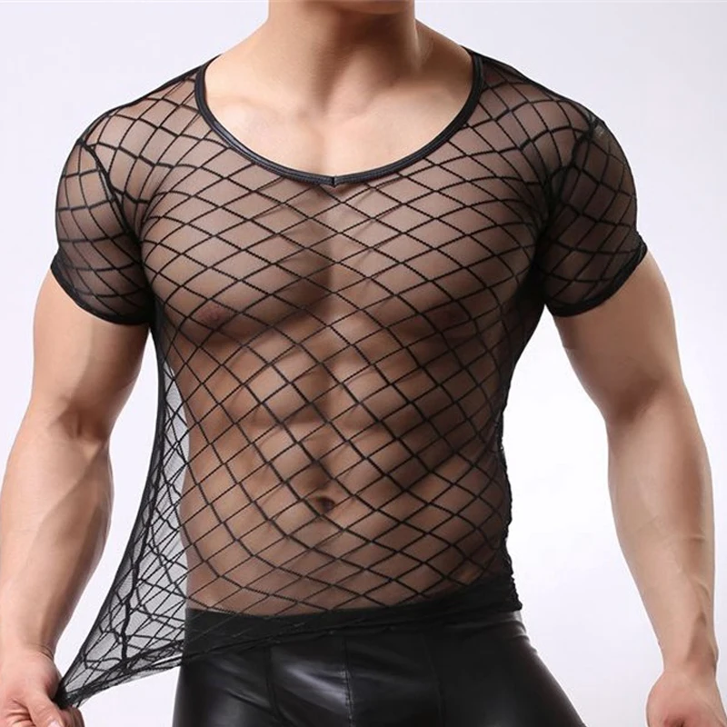 Mens Mesh Tops Sports Sheer Lingerie Slim Fit Gym Transparent T-shirt Top Clubwear Sexy Fish Net Muscle Tee T Shirt | Мужская одежда