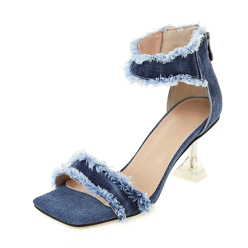 Blue Denim Tassels Women Sandals Clear Crystal Heel Shoes for Woman Strange High Heels Open Toe Ladies Party Wedding Shoes
Blue Denim Tassels Women Sandals Clear Crystal Heel Shoes for Woman Strange High Heels Open Toe Ladies Party Wedding Shoes