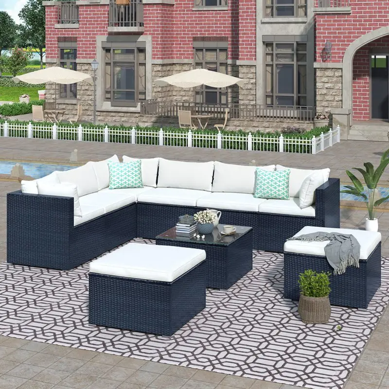 9-Piece Outdoor Patio PE Wicker Rattan Conversation Sectional Sofa Set with 3 Sofa 3 Corner Sofa 2 Ottomans 1 Glass Coffee Table
9-Piece Outdoor Patio PE Wicker Rattan Conversation Sectional Sofa Set with 3 Sofa 3 Corner Sofa 2 Ottomans 1 Glass Coffee Table