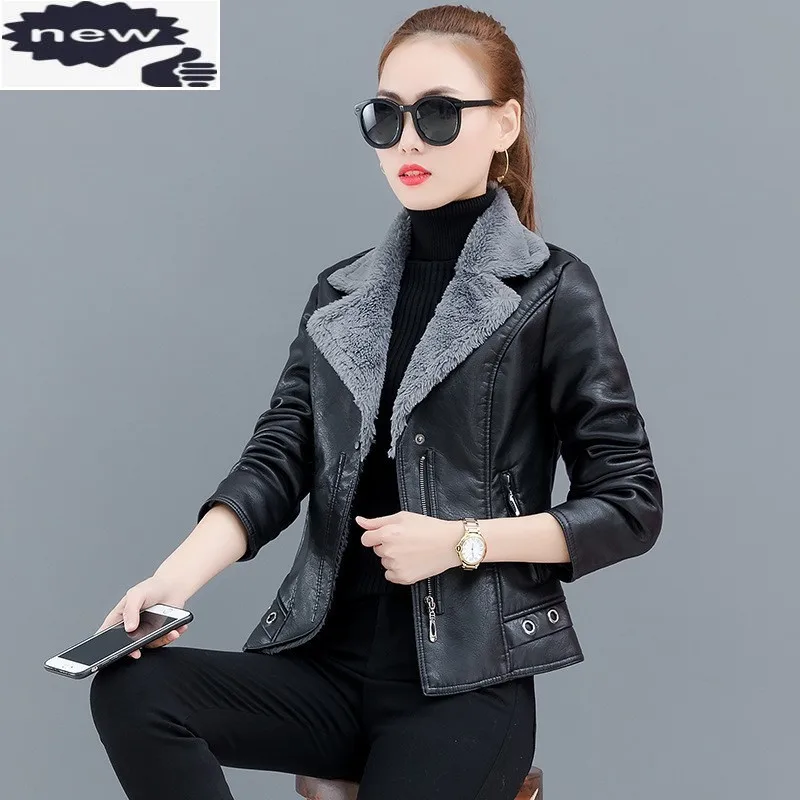 Korean New Long Sleeve Fleece Lining Womens Faux Leather Jackets Motorcycle Fashion Lapel Slim Fit Thick Short Coats Plus Size 
Korean New Long Sleeve Fleece Lining Womens Faux Leather Jackets Motorcycle Fashion Lapel Slim Fit Thick Short Coats Plus Size