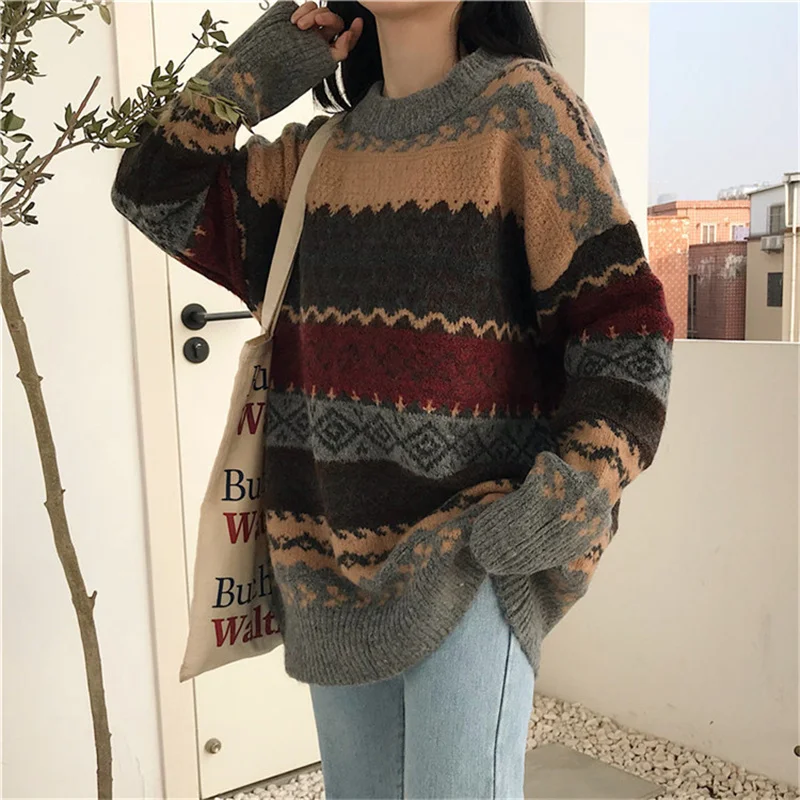 New Winter Korean Knitted Sweaters Women Pullover Vintage Striped Jumpers Style Loose Female Pullover Autumn Casual Clothing
New Winter Korean Knitted Sweaters Women Pullover Vintage Striped Jumpers Style Loose Female Pullover Autumn Casual Clothing