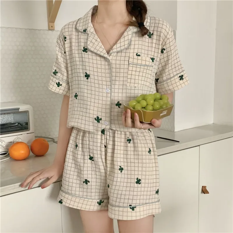

100% cotton summer sleepwear 2 piece set women cactus pajamas set lapel collar shirts shorts suit home clothes loungewear Y361