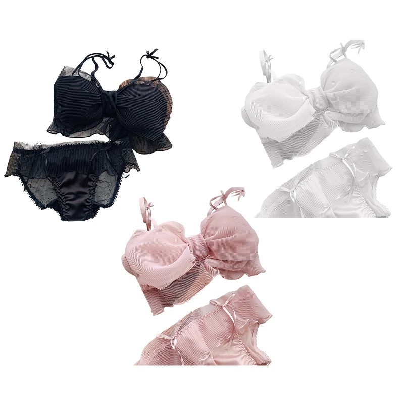 

Japanese Style 2 Piece Bra Panty Set Women Girl Layered Ruched Lace Bowknot Wirefree Cami Bralette Ruffled Thong Kawaii Lingerie