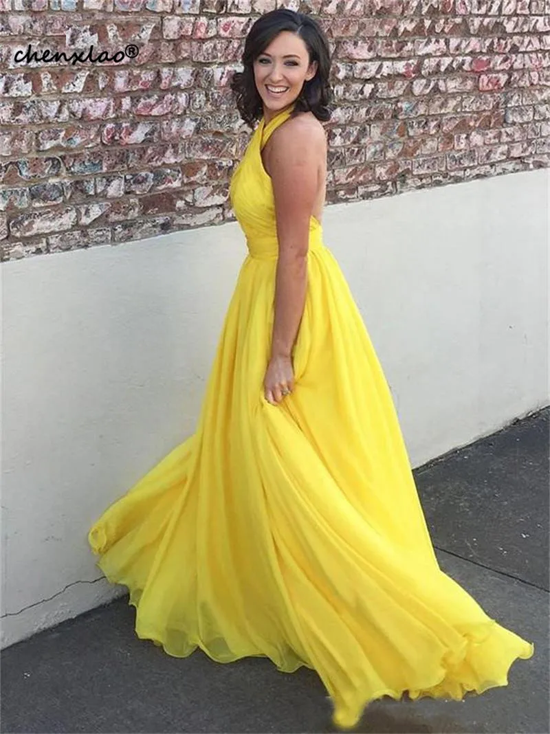Yellow Halter Chiffon Evening Dresses Sleeveless Backless Pleats Simple Formal Prom Gowns Custom Made Robes De Soriee
Yellow Halter Chiffon Evening Dresses Sleeveless Backless Pleats Simple Formal Prom Gowns Custom Made Robes De Soriee