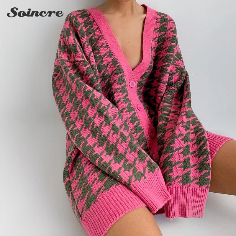 Fashion Houndstooth Knitted Sweater Cardigan Women 2021 Loose V-neck Single-Breasted Buttons Casual Lady Top Jumper Female
Fashion Houndstooth Knitted Sweater Cardigan Women 2021 Loose V-neck Single-Breasted Buttons Casual Lady Top Jumper Female