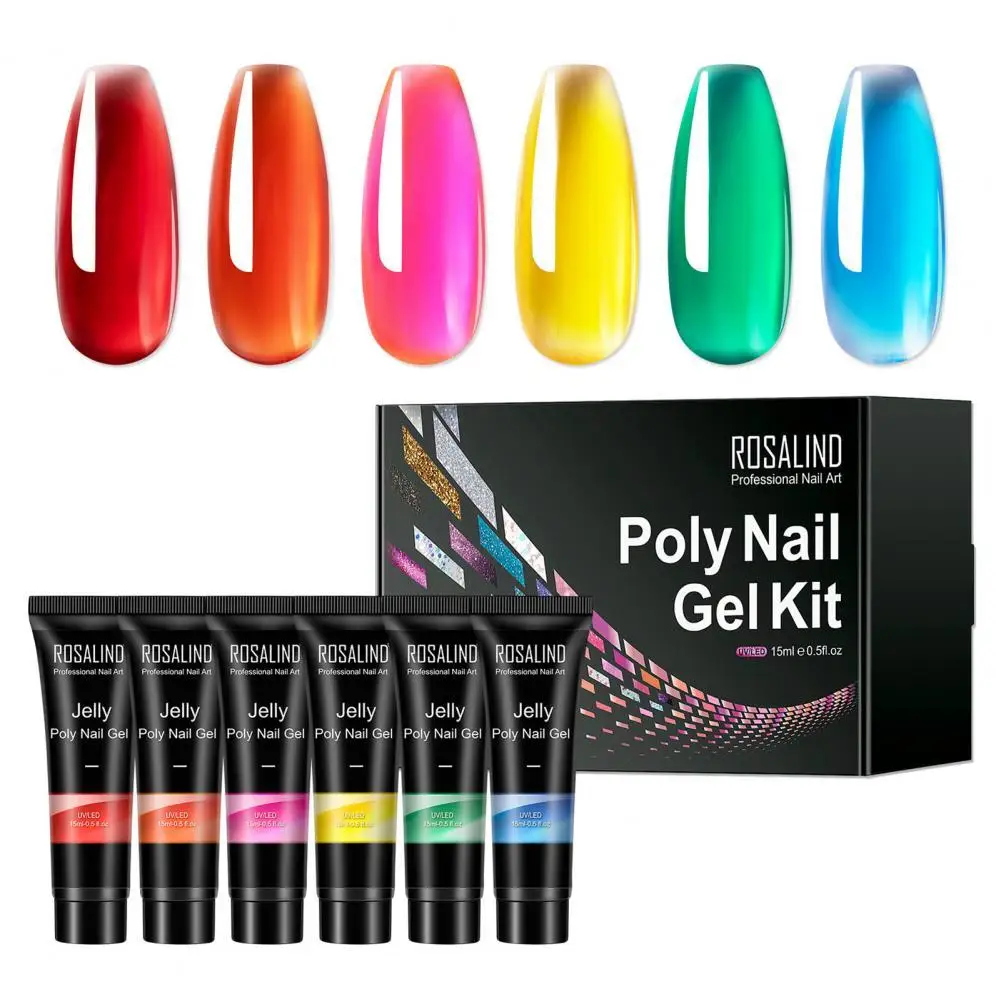 

6Pcs/Set 15ml UV Nail Gel Fashion Extending Portable Manicure Poly Builder Soak Off Semi Permanent Gel Nail Art Glue Kit