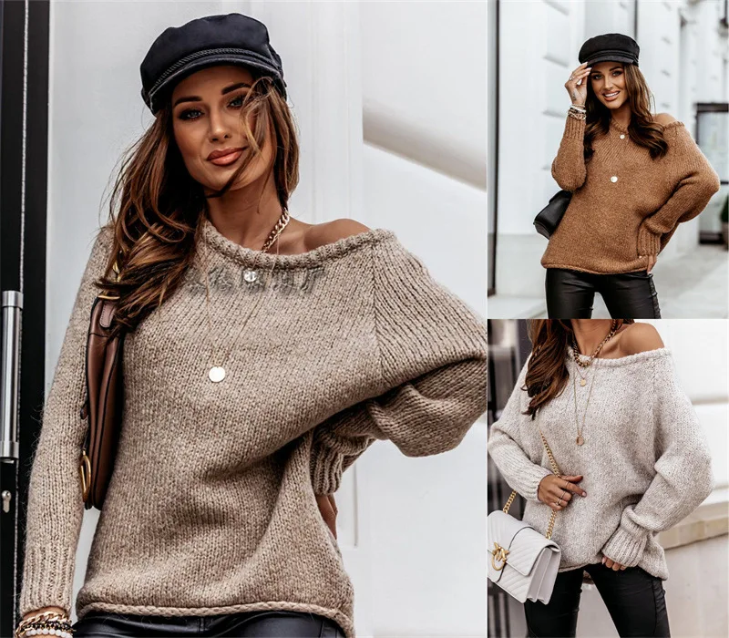 Autumn and Winter Strapless round Neck Pullover Knitting Solid Color Casual Temperament Commute Loose Large Size Sweater 2021 
Autumn and Winter Strapless round Neck Pullover Knitting Solid Color Casual Temperament Commute Loose Large Size Sweater 2021