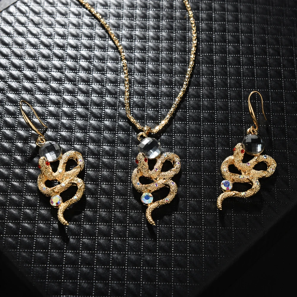 Menglina Fashion Metal Snake Necklace and Earrings Women Jewelry Set Gold Color Plated Crystal Pendant Parure Bijoux Femme | Украшения и